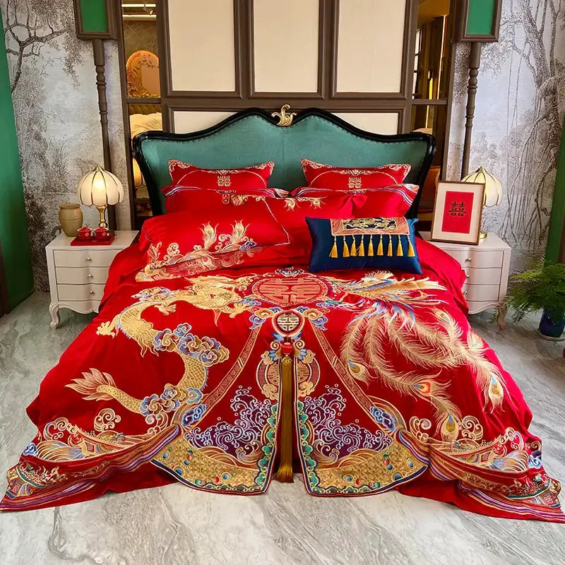 Traditional red and gold loong bedding set with embroidered golden dragons phoenixes and luxury gold decorbites accents