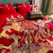 Traditional red and gold loong bedding set featuring luxury gold embroidery of dragon phoenix and double happiness motifs