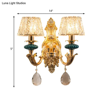 Traditional seedy crystal gold drum wall mount bedroom sconce with two crystal lampshades and teardrop crystals