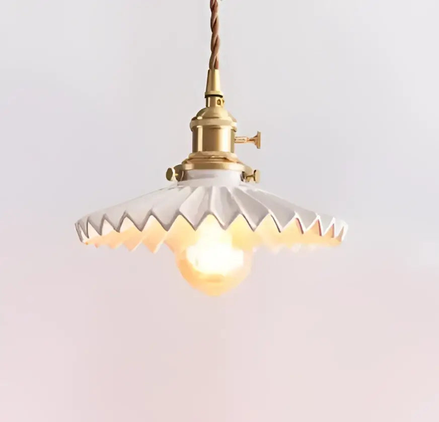 Vintage-style white scalloped glass pendant light with brass fixture hanging from twisted brown cord for decorbites blue glass pendant lights