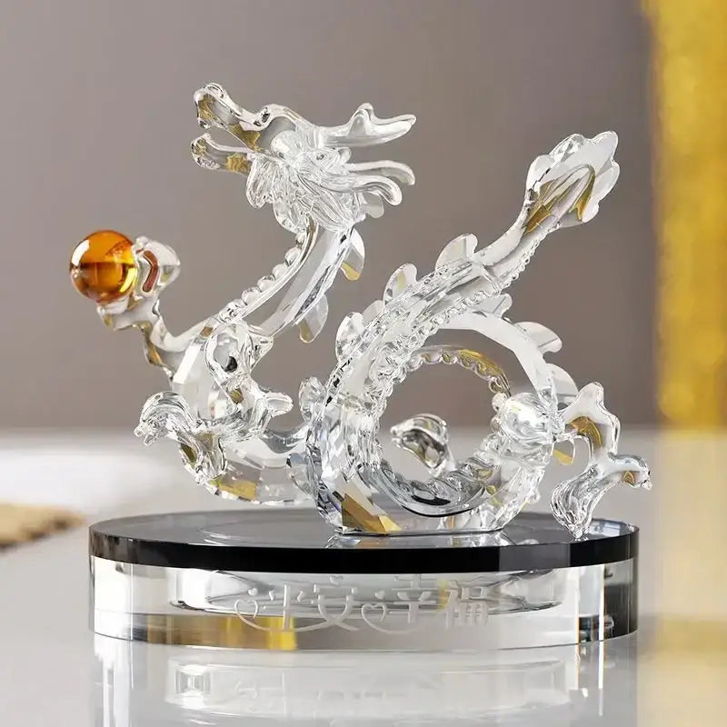 Translucent golden crystal dragon statue with amber orb feng shui decorbites crystal dragon for living room decor