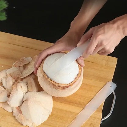 Translucent white plastic decorbites coconut opener tool with handle and curved blade for kitchen flesh extraction