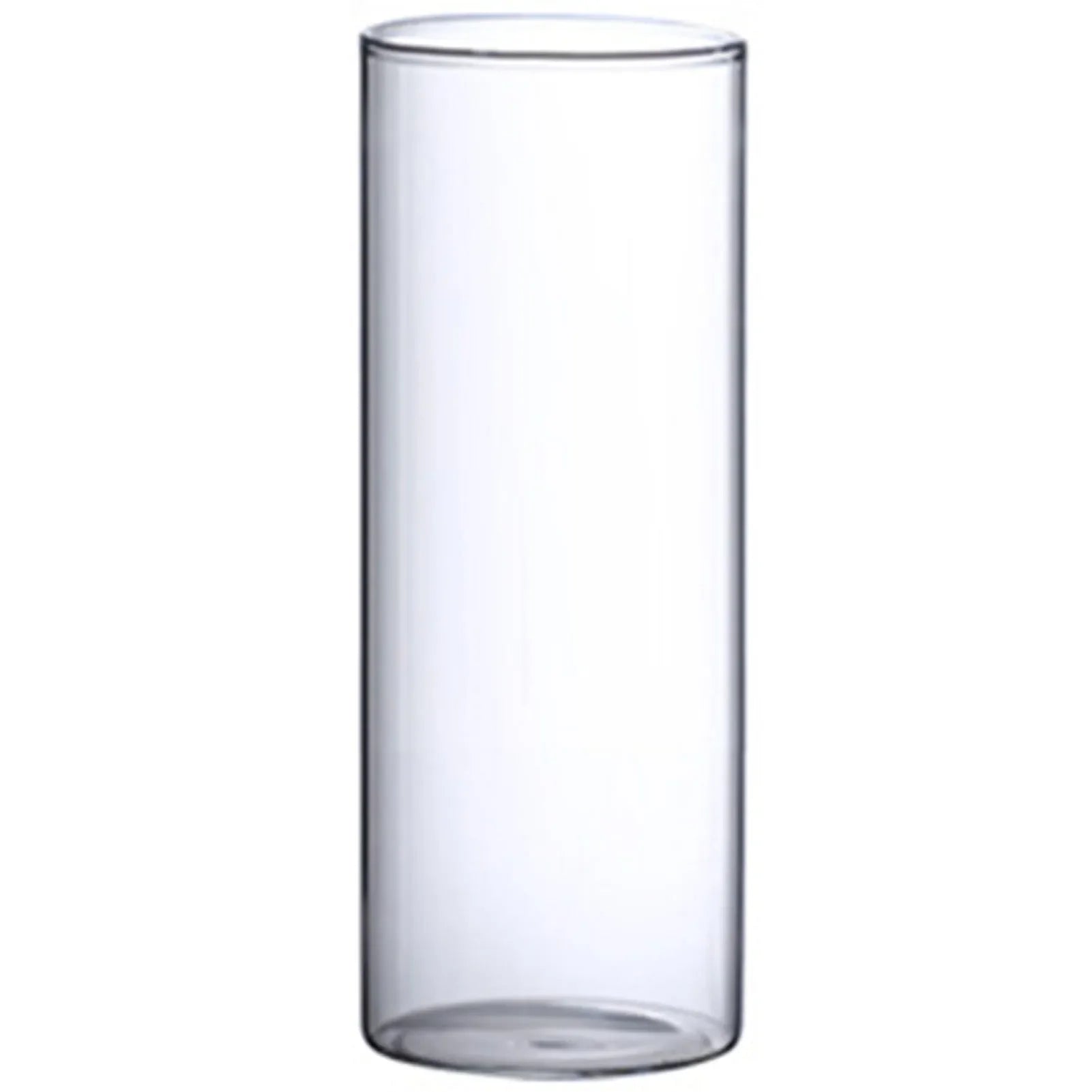 Clear cylindrical glass hydroponic vase with smooth transparent walls and reflective rim for wedding and living room decor