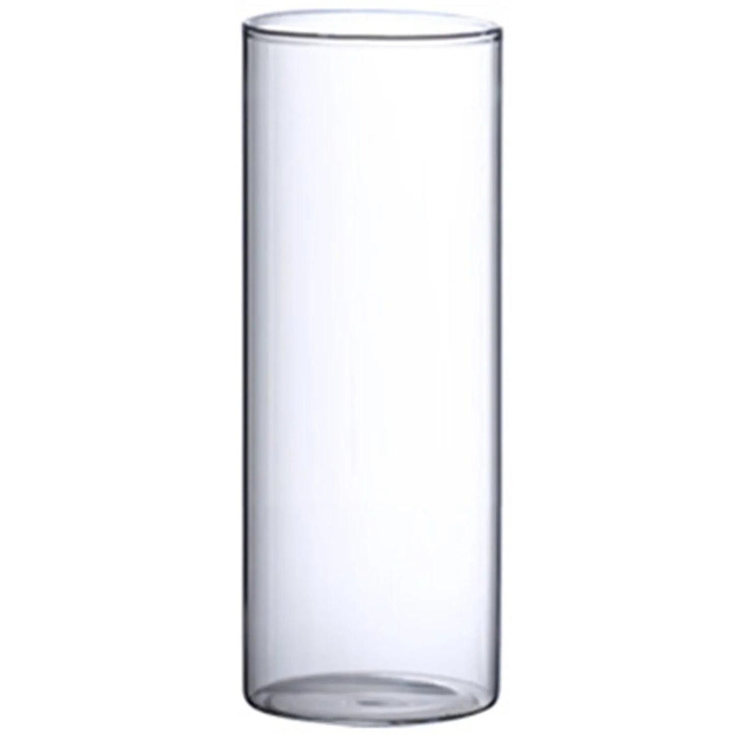 Clear cylindrical glass hydroponic vase with smooth transparent walls and reflective rim for home office wedding table