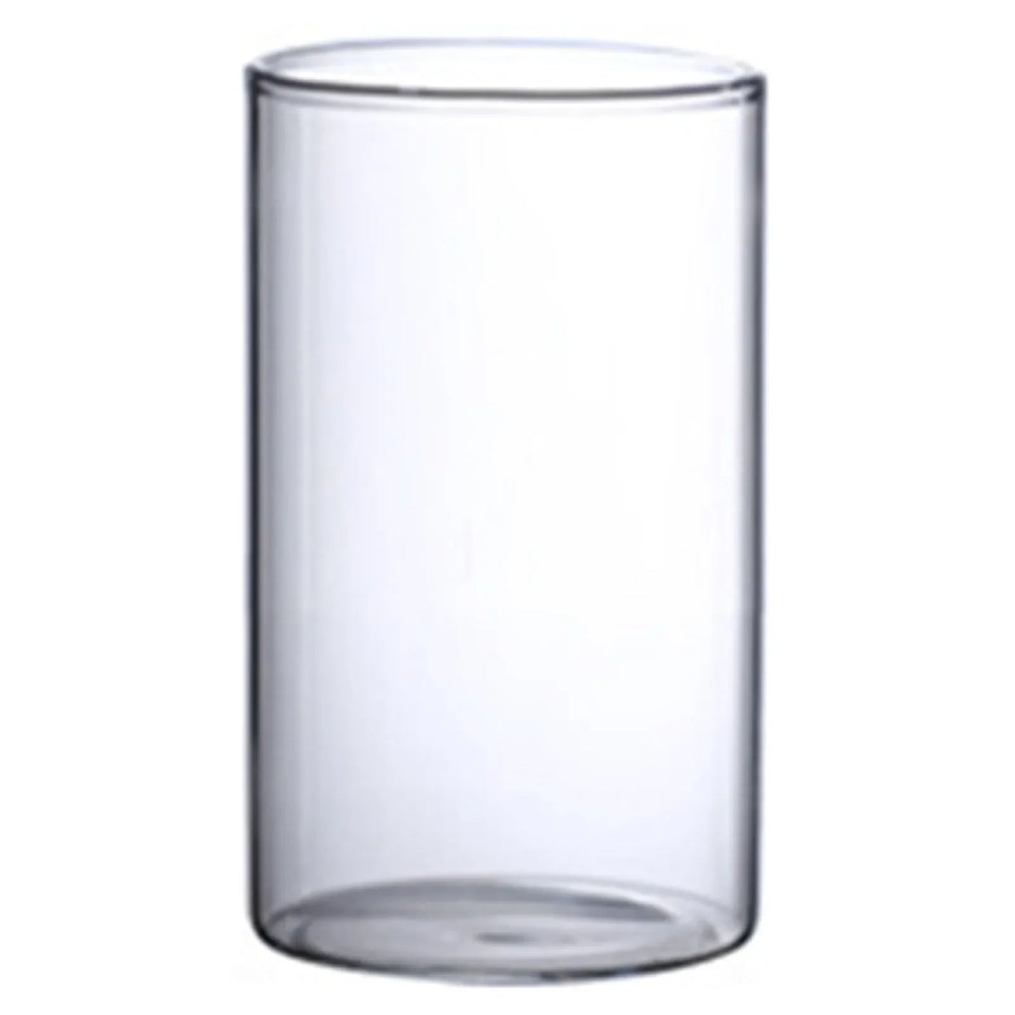 Clear cylindrical glass tumbler with smooth transparent surface and rounded rim for minimalist hydroponic vase use