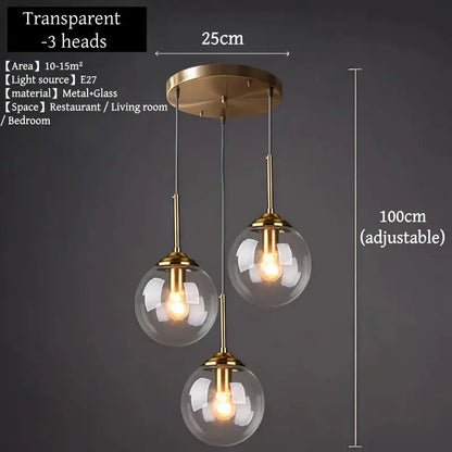 Brass-finished three-head glass pendant light with adjustable height and polished steel details for dining room use