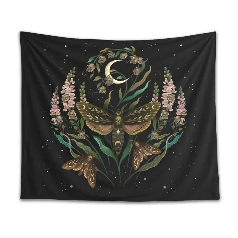 Black death’s head tapestry featuring a central moth with skull details surrounded by pink flowers and green leaves for decorbites decor