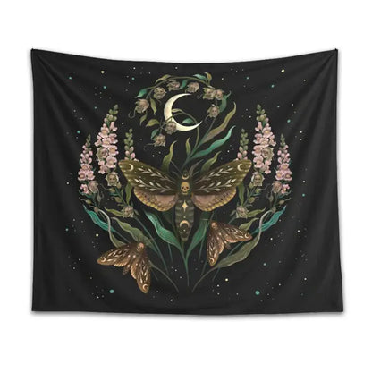 Black death’s head tapestry featuring a central moth with skull details surrounded by pink flowers and green leaves for decorbites decor