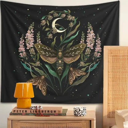 Black death’s head tapestry with intricate moth skull and floral design on starry night for bedroom decorbites decor