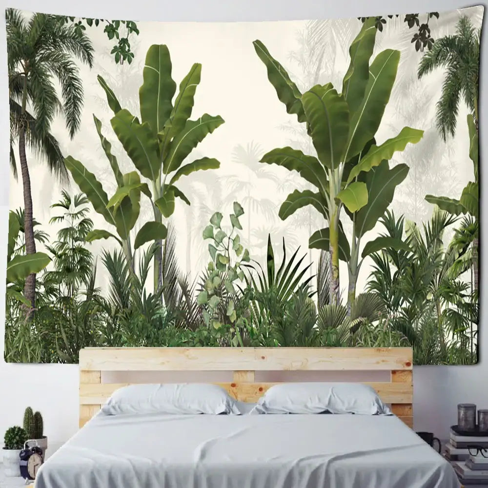 Tropical banana tree tapestry wall hanging featuring lush green banana and palm trees on a cream background for bedroom decor
