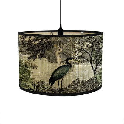 Cylindrical decorbites bamboo pendant light with vintage heron print fabric shade in sepia tones for dining room decor