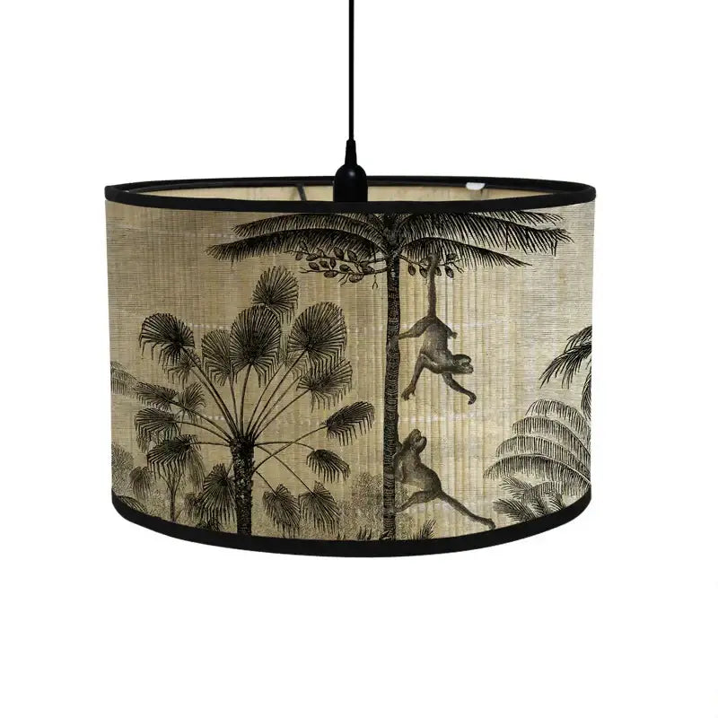 Tropical bird print bamboo pendant light with beige fabric shade featuring black monkey and palm tree drawings