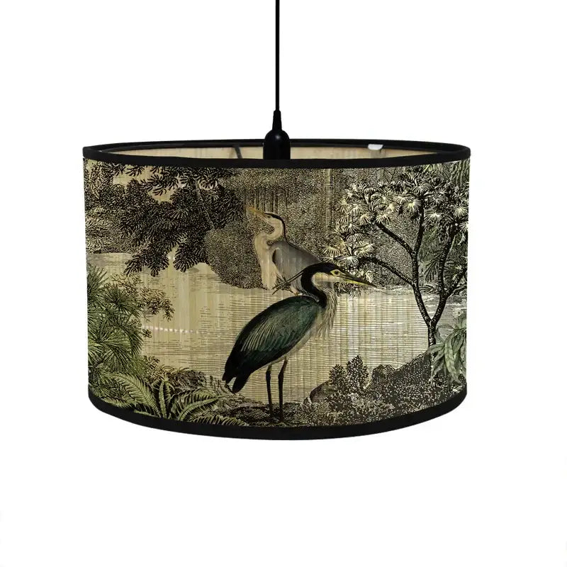 Cylindrical decorbites bamboo pendant light with sepia heron and foliage print fabric shade for dining room decor