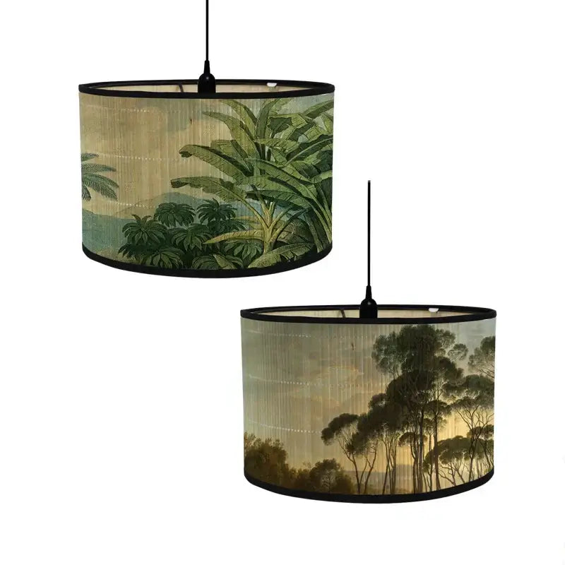 Two cylindrical fabric pendant lights with black rims featuring tropical bird print for dining room decorbites bamboo pendant light