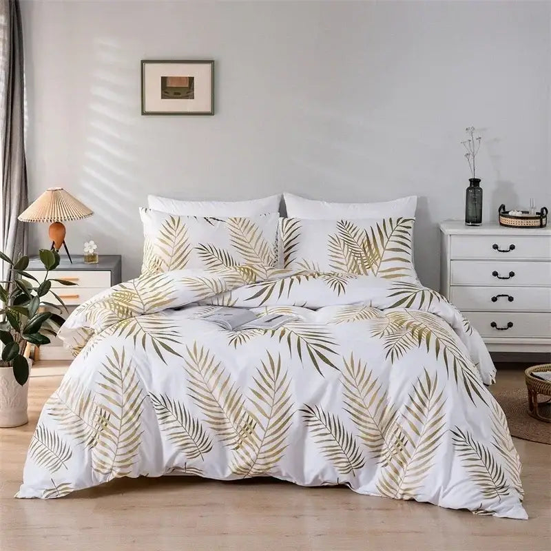 White duvet set with tropical palm leaf pattern in gold and olive green soft fabric bedding solution by decorbites gold print