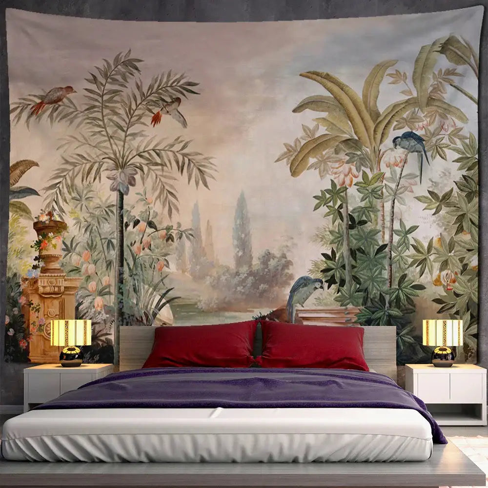 A large tropical green and brown banana leaf tapestry wall hanging with lush foliage and colorful parrots in vintage style