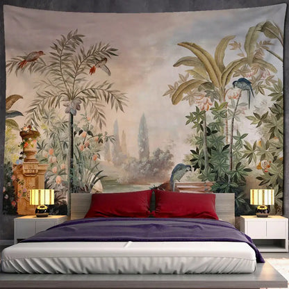 A large tropical green and brown banana leaf tapestry wall hanging featuring lush foliage and colorful parrots in vintage style