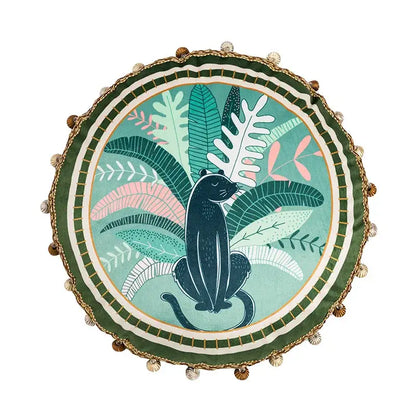 Round plush cushion cover with black panther ethnic print tassel decorbites ethnic print in tropical green shades