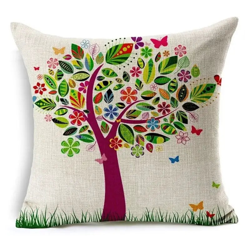 Tropical green leaves decorative cushion cover featuring a colorful embroidered tree with green leaves on linen home decor