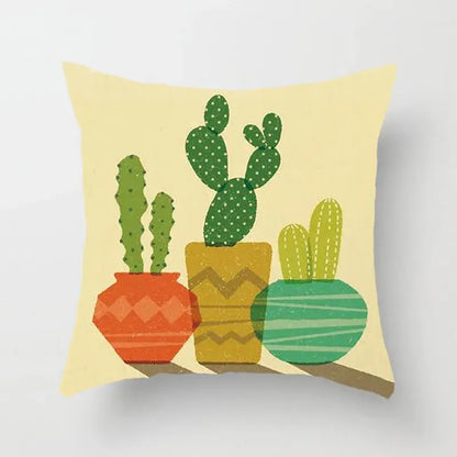 A square beige throw pillow with colorful cactus pots and green leaves decorative design for home decor
