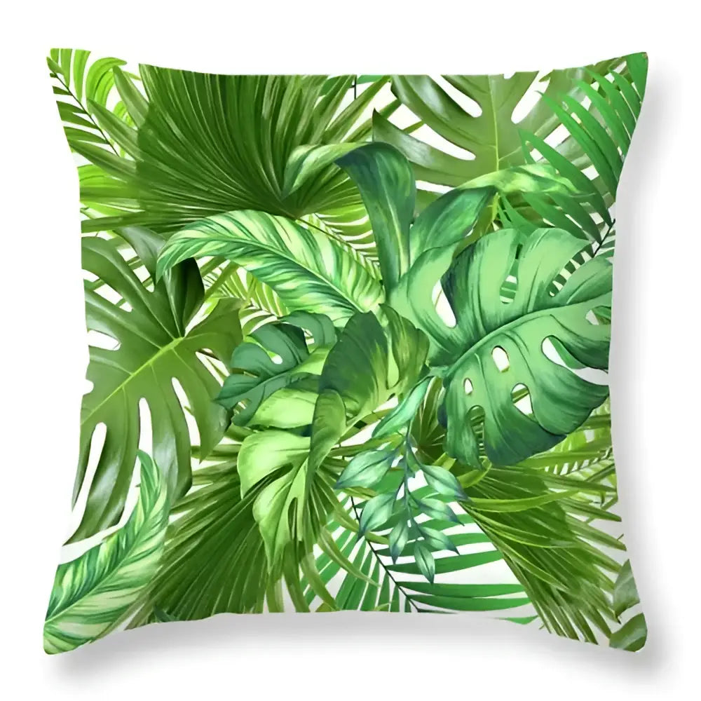 A square throw pillow with vibrant green leaves decorative pattern ideal for living room home decor