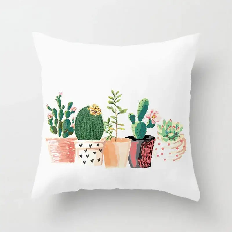 White throw pillow with charming illustration of five cacti in colorful pots for tropical green leaves decorative home decor