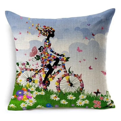 A square cushion cover with vibrant silhouette girl cycling design and green leaves decorative for home decor