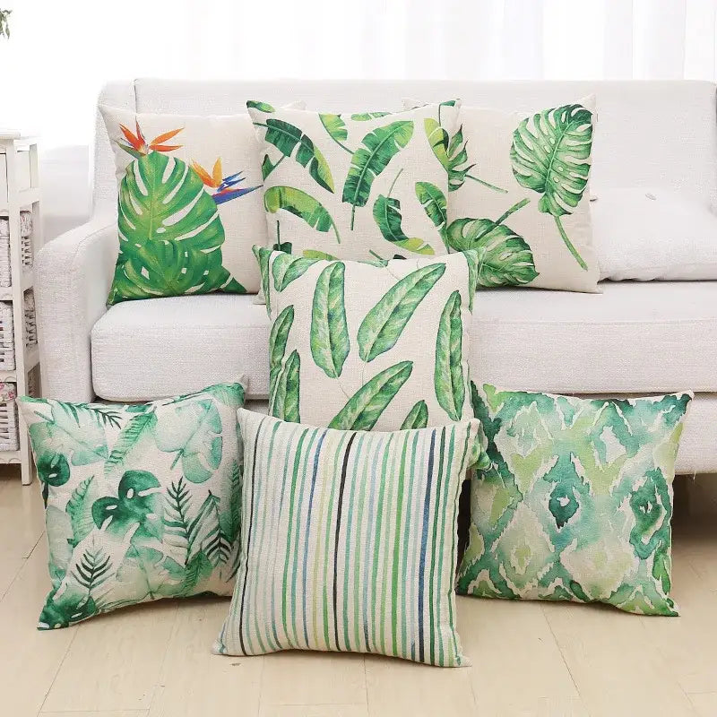 Set of six tropical green plant leaves linen cushion covers with decorative throw pillow patterns for living room decorbites