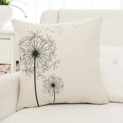 Beige linen cushion cover with black ink-style dandelion and decorbites green plant leaves for living room decor