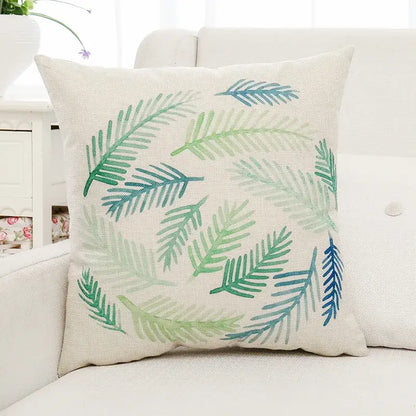 Beige linen cushion cover with tropical green plant leaves watercolor pattern for living room decorbites green plant decor