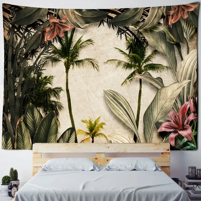 Tropical king palm landscape plant tapestry with lush green palm trees and pink lilies on beige decorbites king palm wall hanging