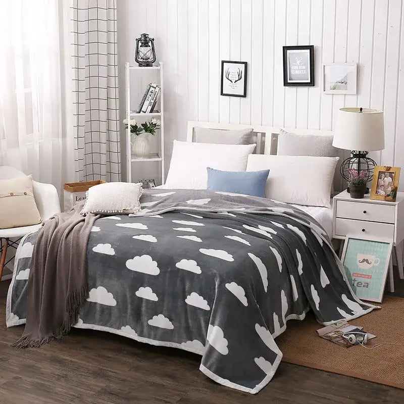Gray plush throw blanket with white cloud patterns soft cozy texture by decorbites cozy flannel for bedroom decor