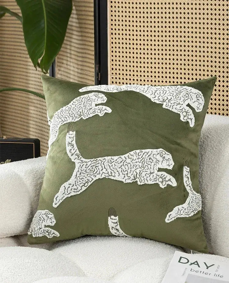 Olive green velvet cushion cover with white embroidered leaping dog design tropical embroidered patchwork cushion cover