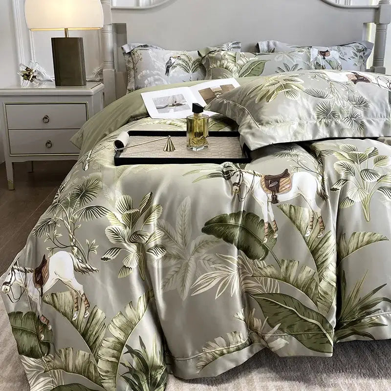 Tropical sage green printed faux silk bedding set with lush tropical print white horses and green foliage decorbites 3d printed