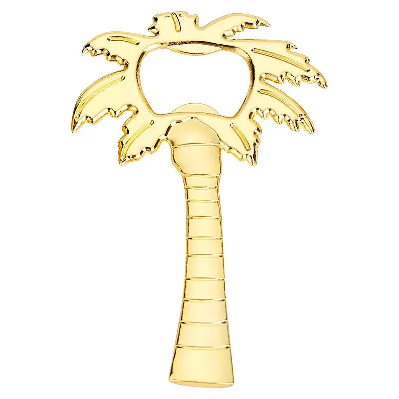 Gold-colored metallic bottle opener shaped like a detailed palm tree decorbites coconut tree for kitchen use