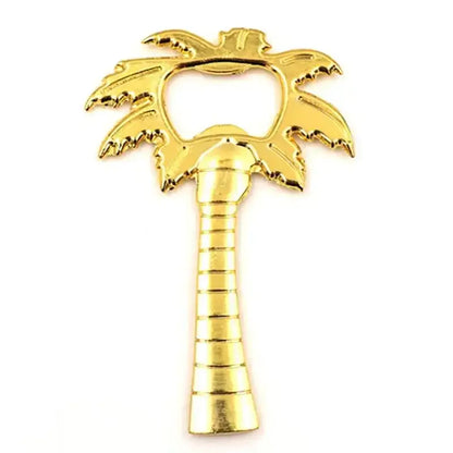 Gold-colored metallic tropical silver and gold coconut tree bottle opener with detailed fronds decorbites coconut tree design