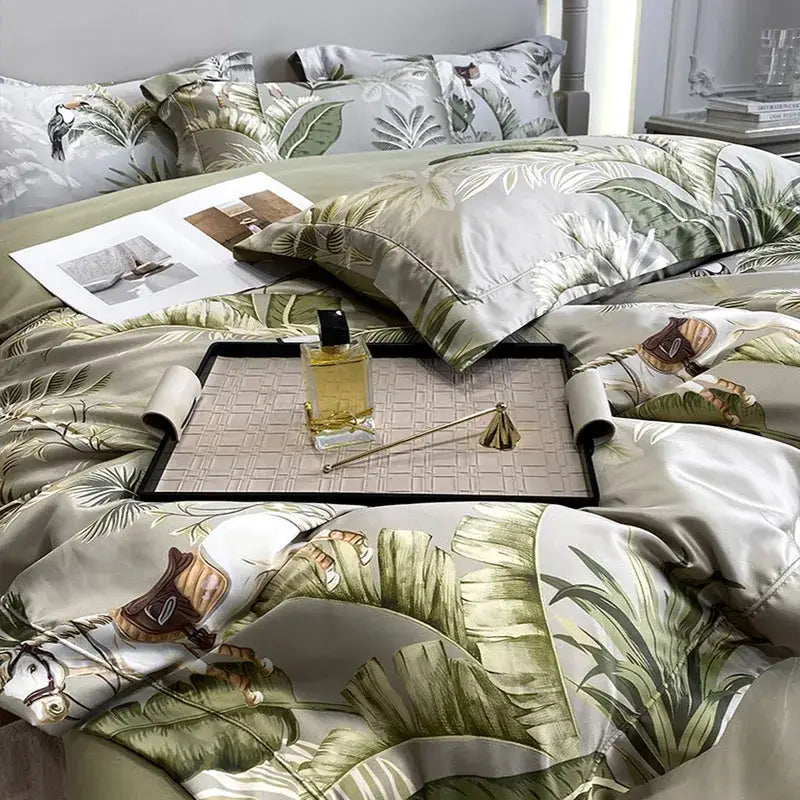 Luxury satin bedding set with tropical leaf and horse print in muted greens on ivory base decorbites ice silk plant