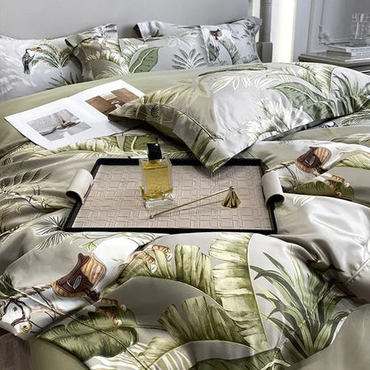 Luxury satin bedding set with tropical leaf and horse print in muted greens on ivory base decorbites ice silk plant
