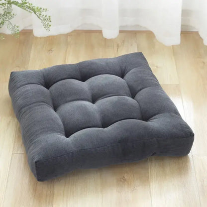 Dark gray tufted button corduroy floor seat cushion by decorbites for living room decor and seating comfort