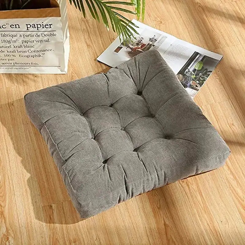 Gray tufted corduroy floor seat cushion by decorbites featuring a square shape for living room decor