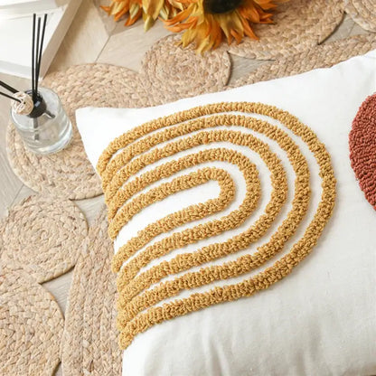 White pillow cushion cover with textured mustard yellow crocheted spiral for burnt orange decorbites gematric tufted decor