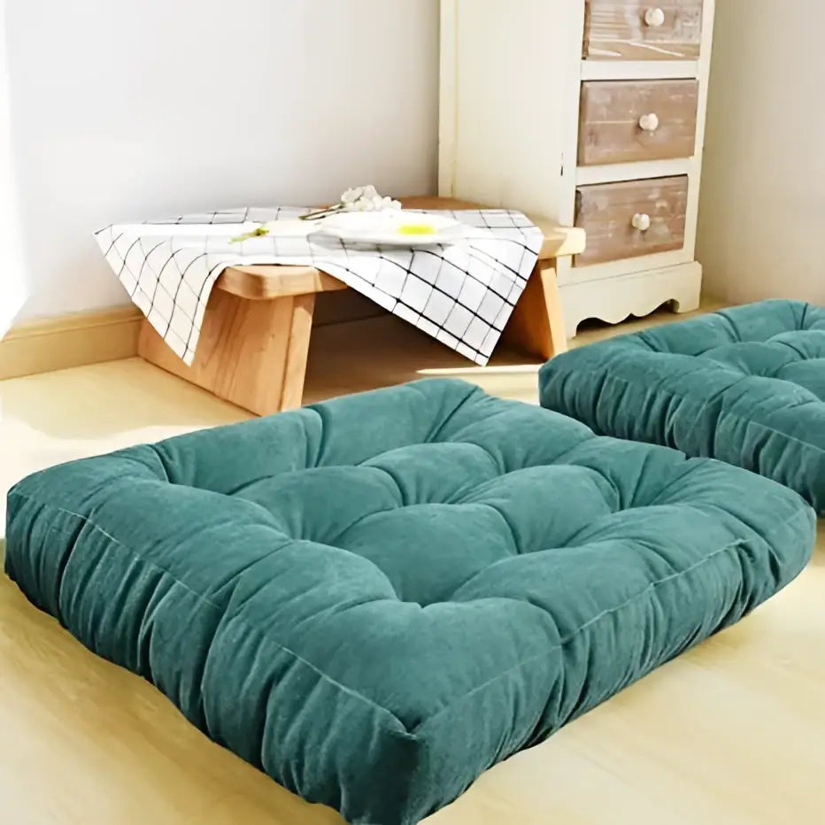 Teal corduroy floor seat cushion with tufted square design for decorbites corduroy floor seating and yoga mat use