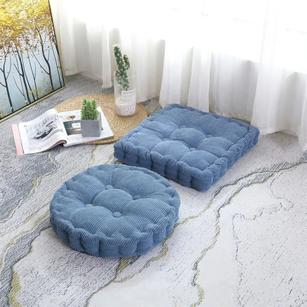 Blue corduroy tufted floor seat cushions in round and square shapes for decorbites corduroy tufted living room use