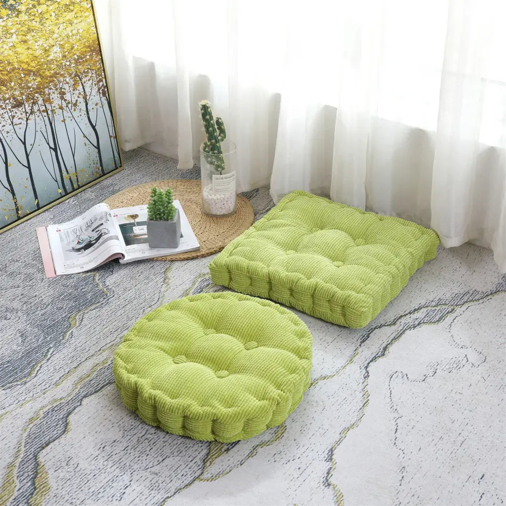 Bright lime green corduroy tufted floor seat cushion with quilted design by decorbites for living room use