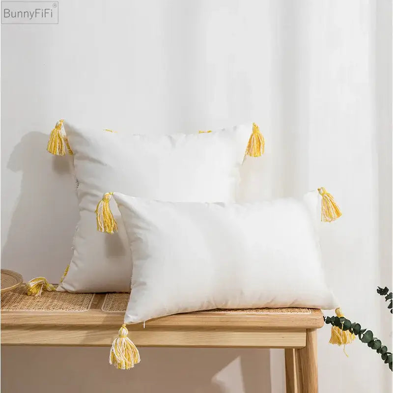 White rectangular cushion cover with tufted tassels in yellow and white soft fabric for decorbites boho style decor