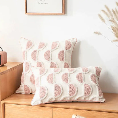 Cream-colored cotton loop tufted cushion cover with blush pink textured circular patterns for living room decorbites decor