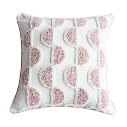 Soft white cotton loop tufted cushion cover with blush pink circular tufts arranged in vertical rows for living room decorbites decor