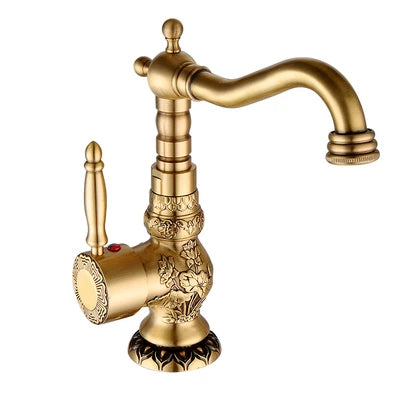 Tuqiu antique brass single hole deck mounted kitchen faucet with ornate floral engraving and classic curved spout