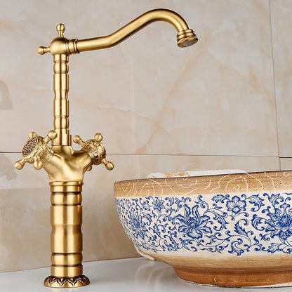 Tuqiu antique brass deck mounted kitchen faucet with carved vintage design and dual handles for single hole installation
