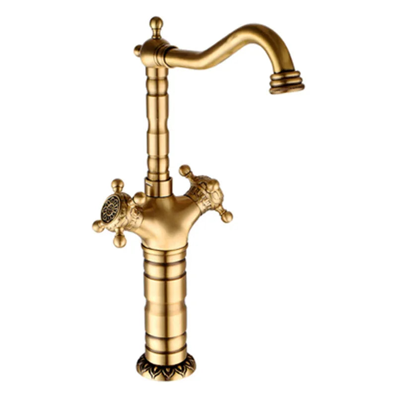 Tuqiu antique brass deck mounted kitchen faucet with ornate vintage design and dual handles for single hole installation